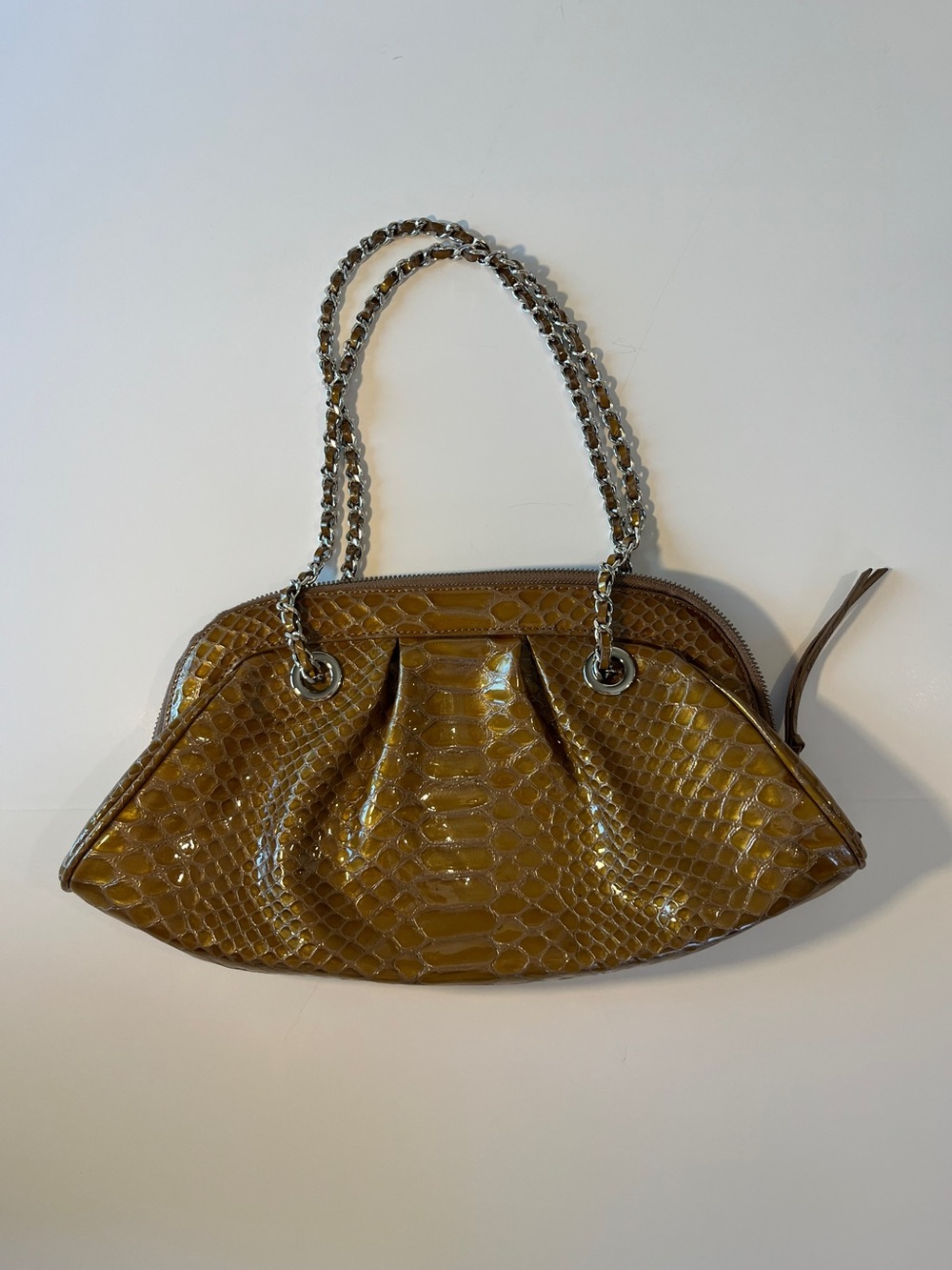 Danier Patent Croc Embossed Leather Chain Strap Shoulder Bag Olive Tan